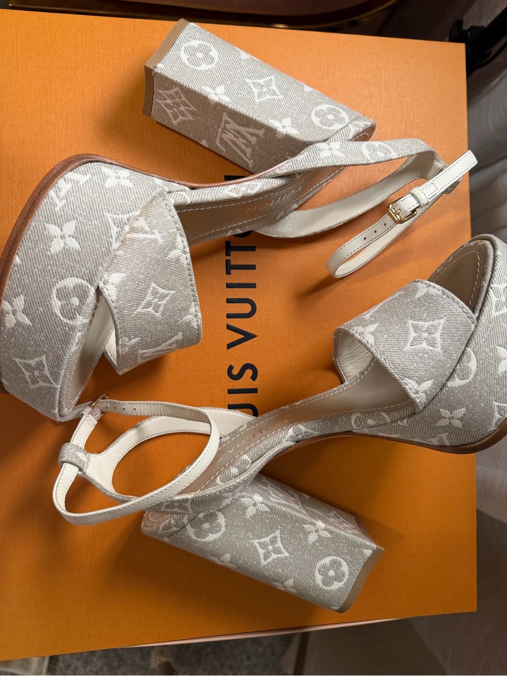 Louis Vuitton Monogram Platform Sandals in silver and White Canvas